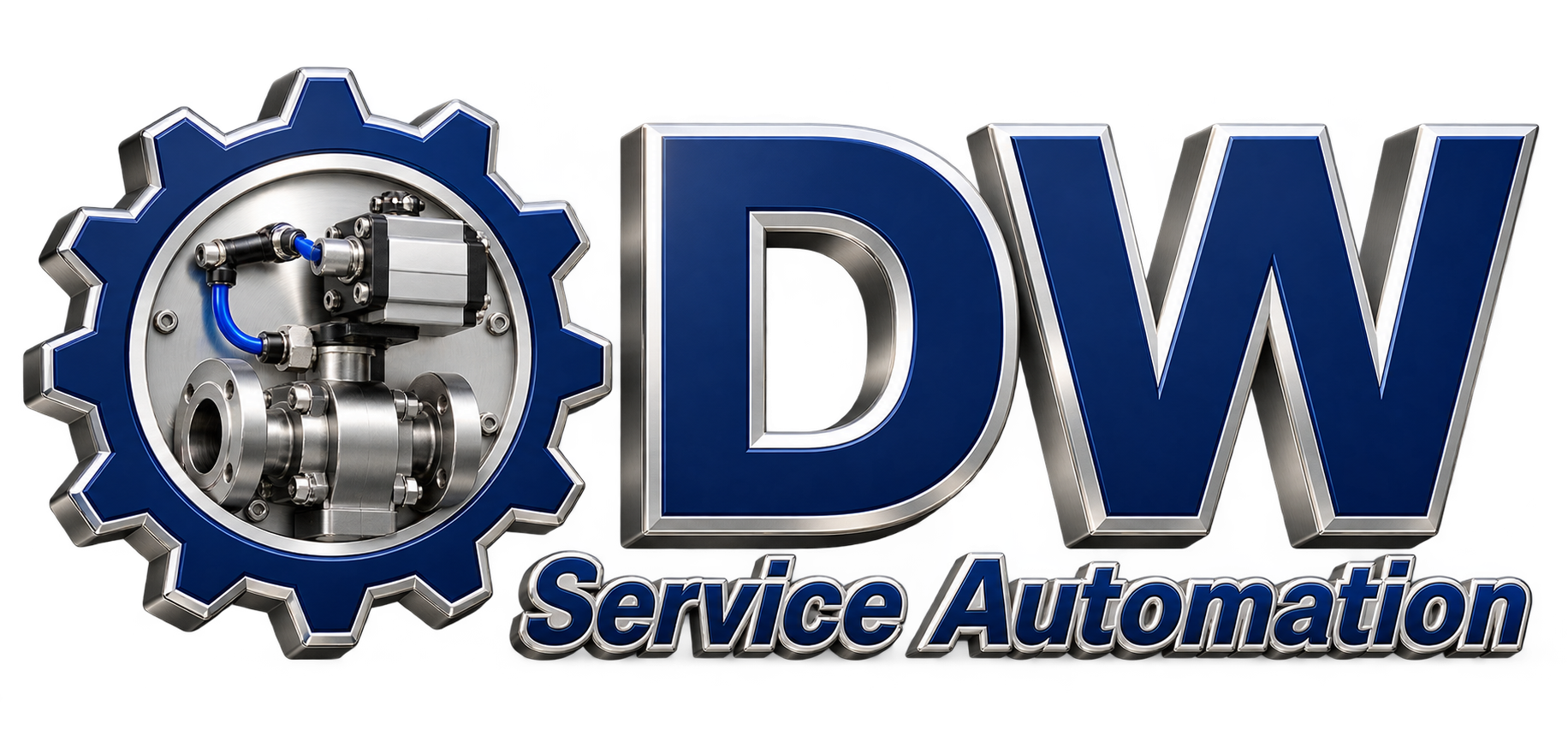 Logo DW Service Automation em 3D com engrenagem e conjunto mecânico interno
